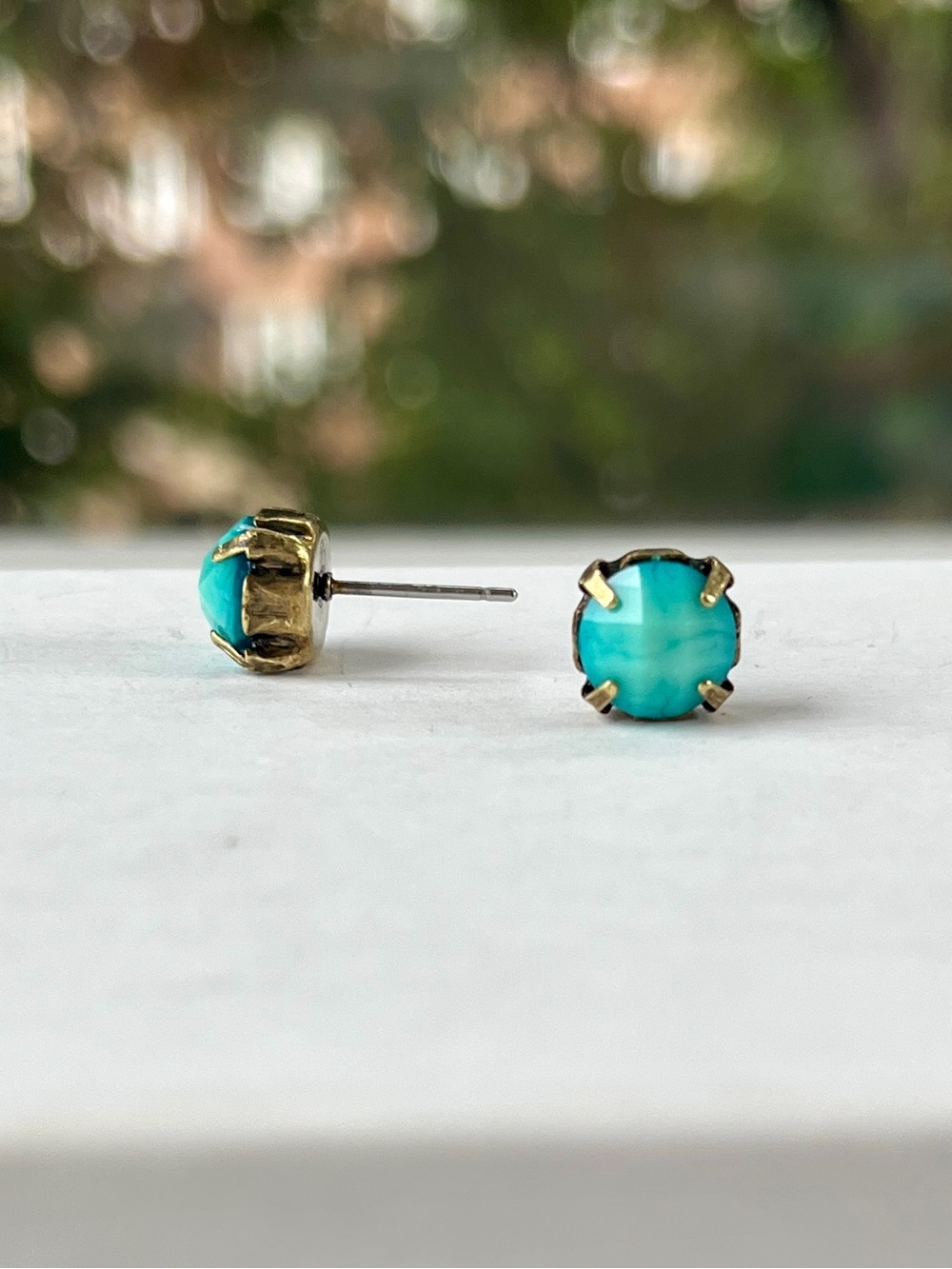 Distressed Gold-Tone Prong-Set Turquoise-Colored Stud Earrings, 7mm